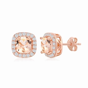 Sterling Silver Rose Gold Plated Square Morganite CZ Earrings