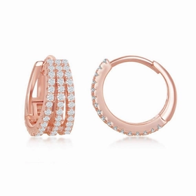 Sterling Silver Rose Gold Plated Triple Row CZ Hoop Earrings