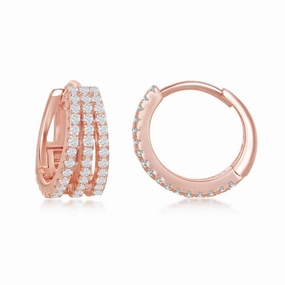 Sterling Silver Rose Gold Plated Triple Row CZ Hoop Earrings