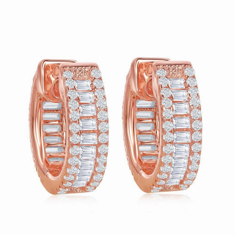 Sterling Silver Rose GP Baguette CZ Small Hoop CZ Earrings