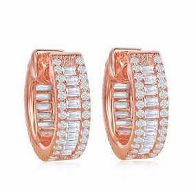 Sterling Silver Rose GP Baguette CZ Small Hoop CZ Earrings