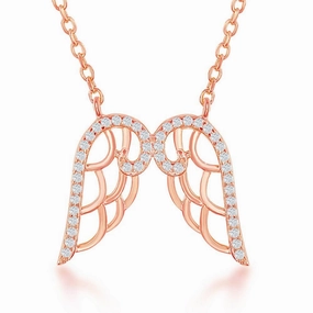 Sterling Silver Rose GP CZ Angel Wings Necklace
