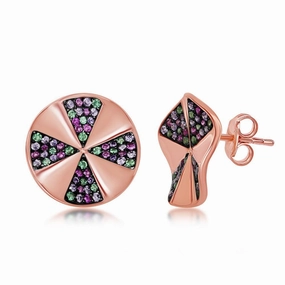 Sterling Silver Rose GP CZ Rainbow Designed Disc Stud Earrings