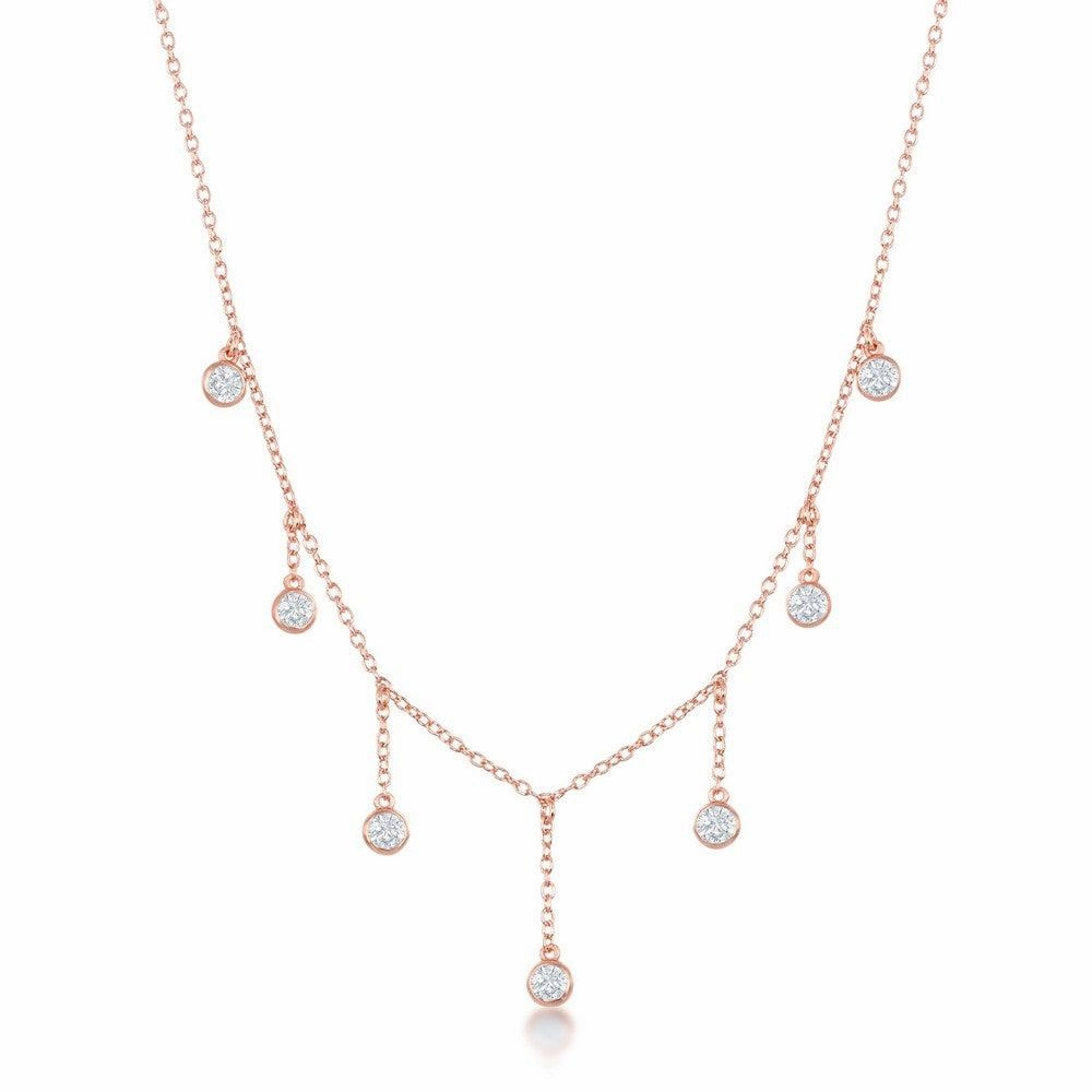 Sterling Silver Rose GP Dangling Bezel-Set CZ's Necklace