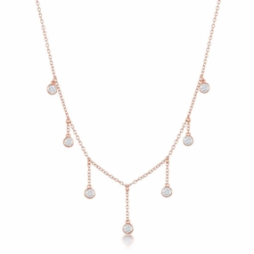 Sterling Silver Rose GP Dangling Bezel-Set CZ's Necklace