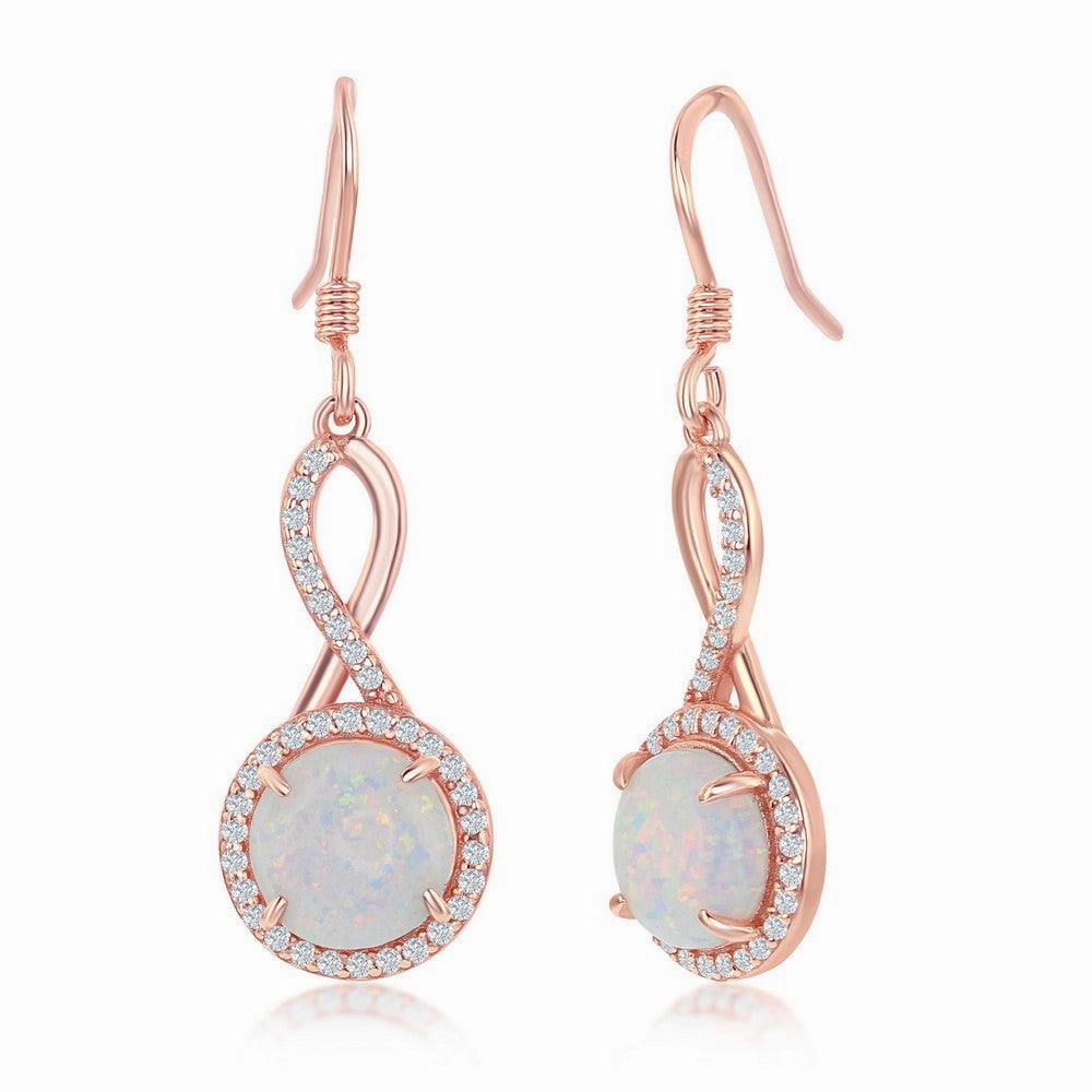 Sterling Silver Rose GP Design Round White Opal Halo CZ Earrings