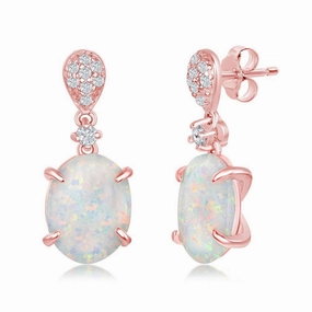 Sterling Silver Rose GP Four-Prong Oval Dangle Earrings