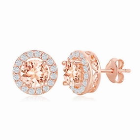 Sterling Silver Rose GP Four-Prong Round Morganite CZ Earrings