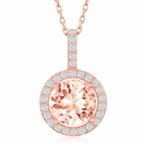 Sterling Silver Rose GP Four-Prong Round Morganite CZ Pendant
