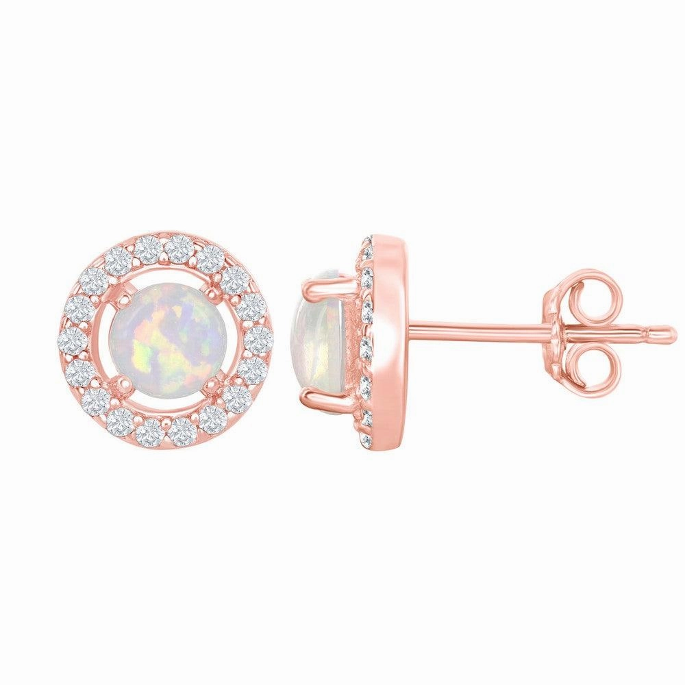 Sterling Silver Rose GP Four-Prong White Opal Halo Earrings