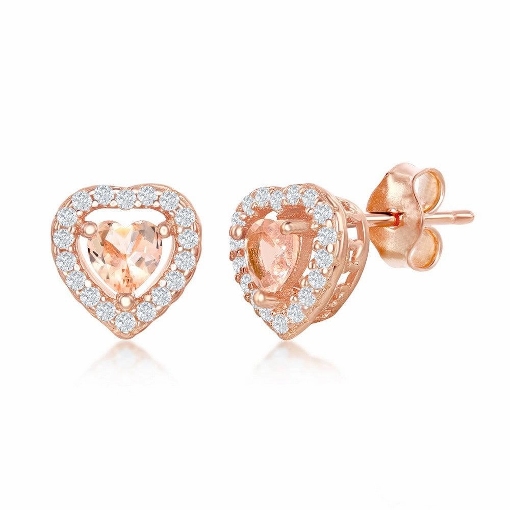 Sterling Silver Rose GP Heart Morganite CZ Stud Earrings