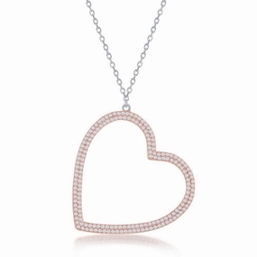 Sterling Silver Rose GP Large Micro Pave Open Heart Necklace