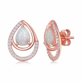 Sterling Silver Rose GP Pear-Shaped White Opal CZ Earrings