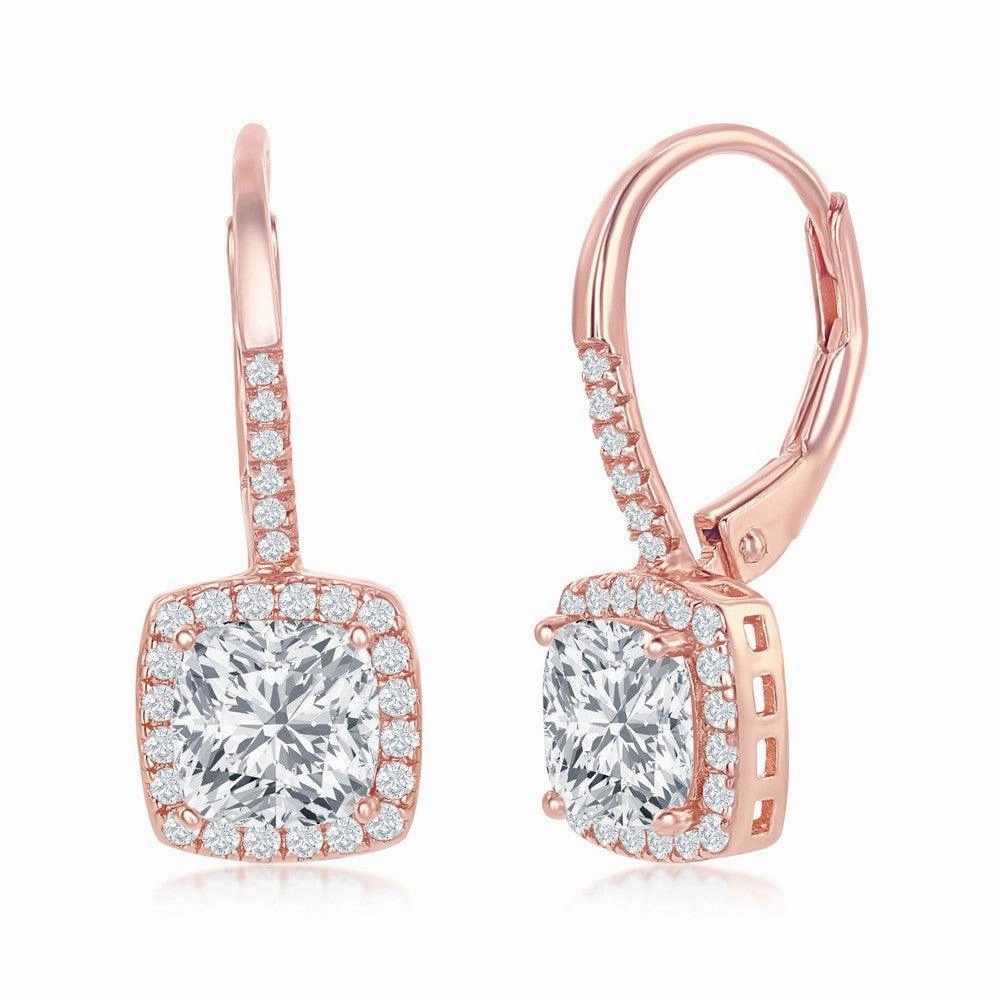 Sterling Silver Rose GP Princess Cut CZ Dangling Earrings