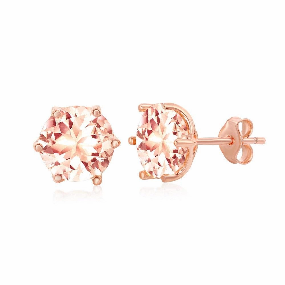 Sterling Silver Rose GP Six-Prong Morganite CZ Stud Earrings
