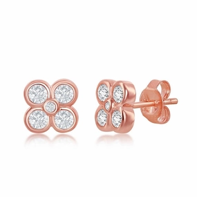 Sterling Silver Rose GP Small Flower CZ Stud Earrings