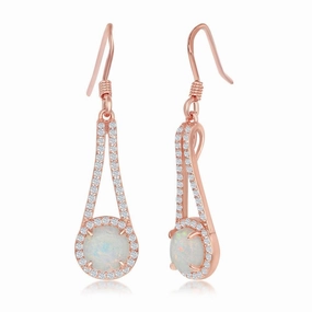 Sterling Silver Rose GP White Opal with CZ Halo Earrings