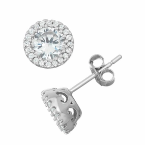 Sterling Silver Round CZ Border Stud Earrings
