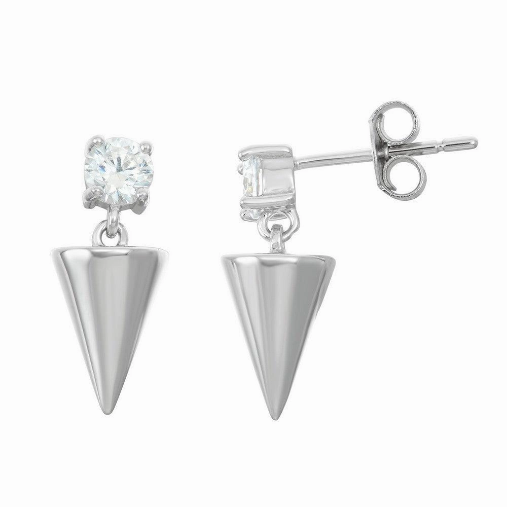 Sterling Silver Round CZ Shiny Triangle Earrings