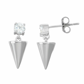 Sterling Silver Round CZ Shiny Triangle Earrings