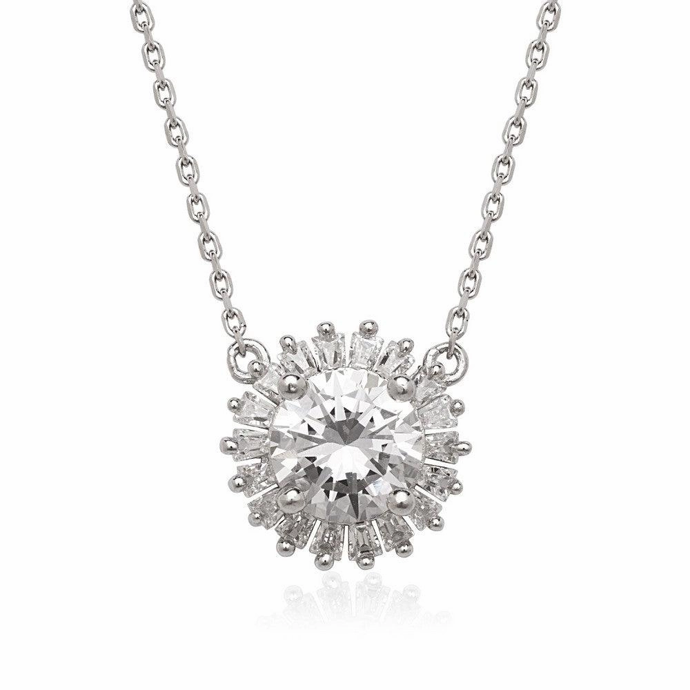 Sterling Silver Round CZ with Baguette Border Stud Necklace
