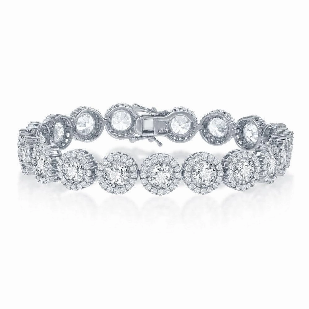 Sterling Silver Round Halo CZ Linked Bracelet, 7.5"