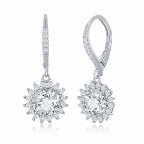 Sterling Silver Round Halo Flower Dangling Earrings