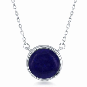 Sterling Silver Round Lapis Bezel Set Necklace