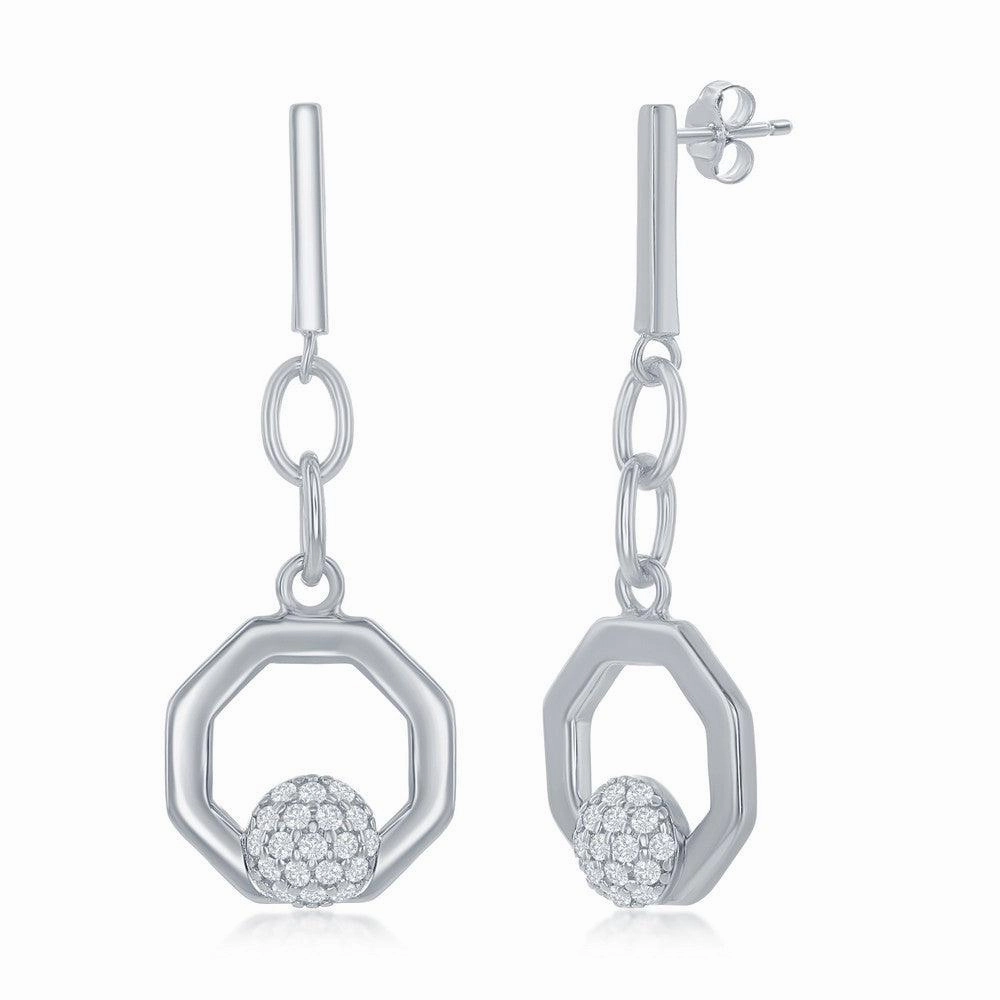 Sterling Silver Round Micro Pave CZ Open Hexagon Pendant & Earrings Set With Chain