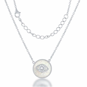 Sterling Silver Round MOP CZ Evil Eye Necklace
