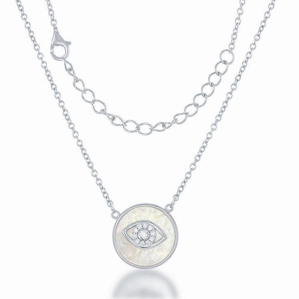 Sterling Silver Round MOP CZ Evil Eye Necklace