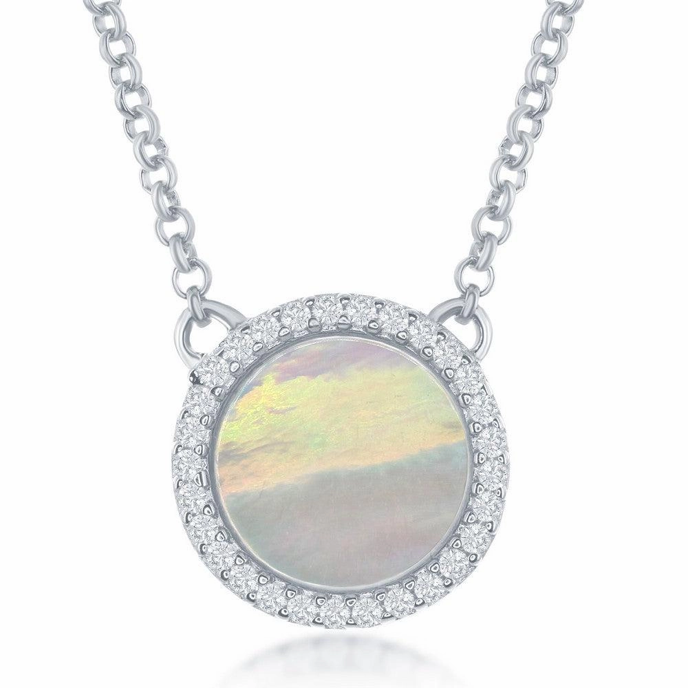 Sterling Silver Round MOP with CZ Border Necklace