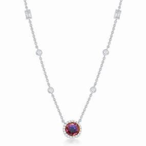 Sterling Silver Round Rainbow and Clear CZ Necklace