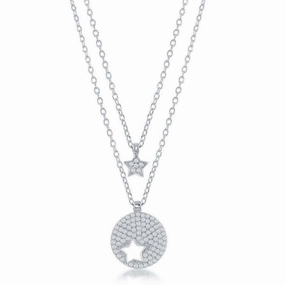 Sterling Silver Round Star Cut-Out & Star Double Strand Necklace