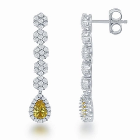 Sterling Silver Round Yellow CZ Teardrop Earrings