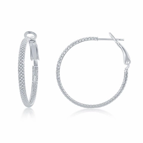 Sterling Silver Rounded Checkered Hoop Earrings, 30 mm