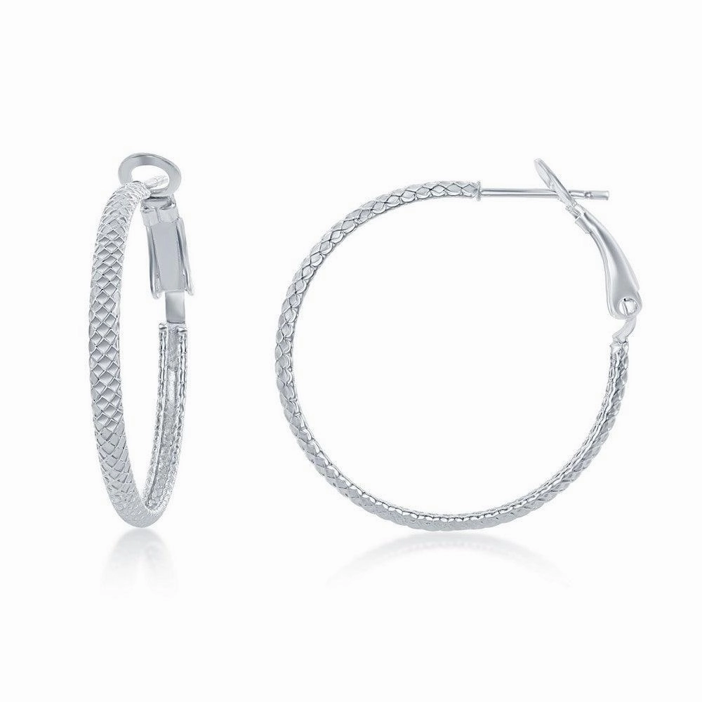 Sterling Silver Rounded Checkered Hoop Earrings, 30 mm