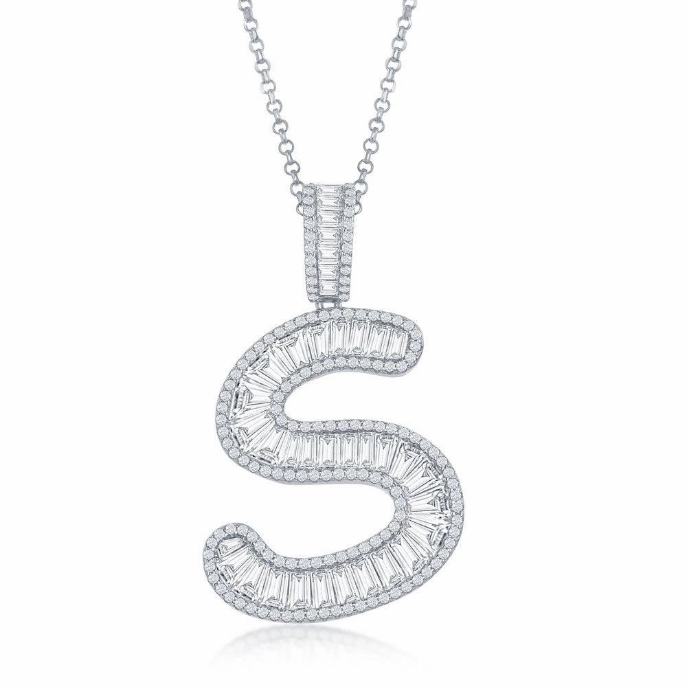 Sterling Silver S Initial Baguette CZ Pendant Chain