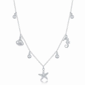 Sterling Silver Sea Shell, Starfish and Seahorse CZ's Necklace