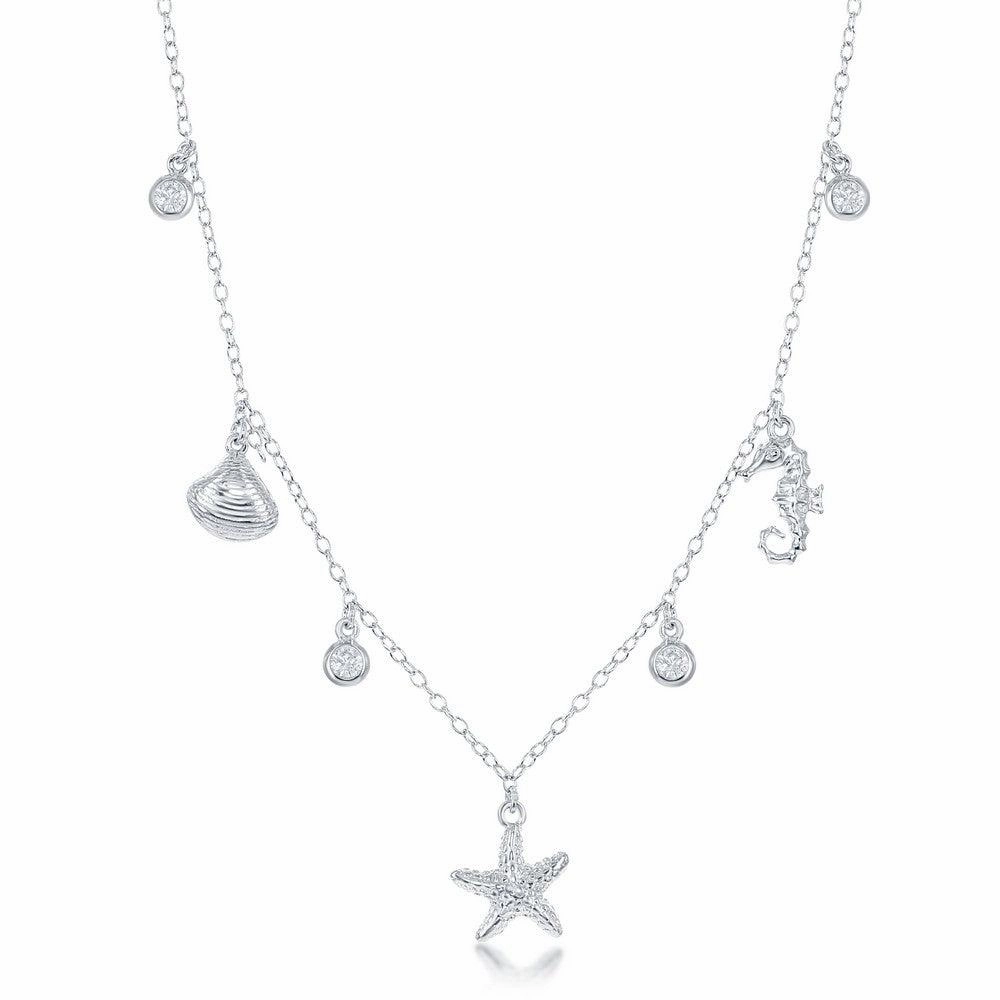 Sterling Silver Sea Shell, Starfish and Seahorse CZ's Necklace