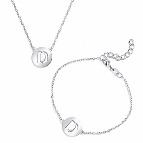 Sterling Silver Shiny 'D' Disc Initial Bracelet and Necklace Set