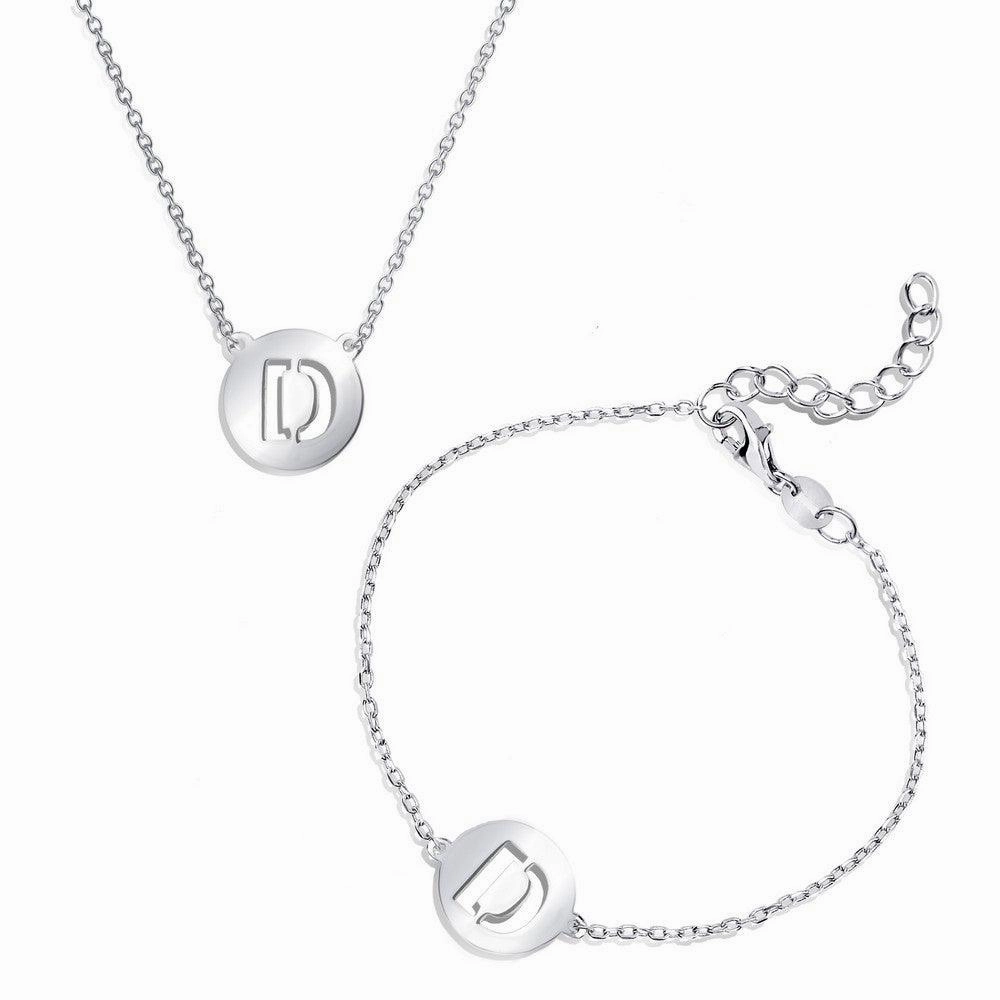 Sterling Silver Shiny 'D' Disc Initial Bracelet and Necklace Set