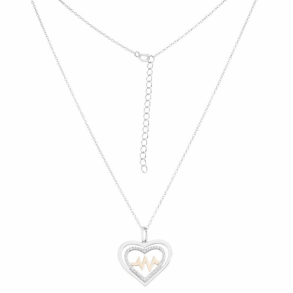 Sterling Silver Shiny and CZ Open Heart with Center Heartbeat Necklace