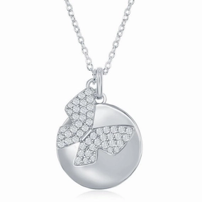 Sterling Silver Shiny Disc with Micro Pave Butterfly Necklace