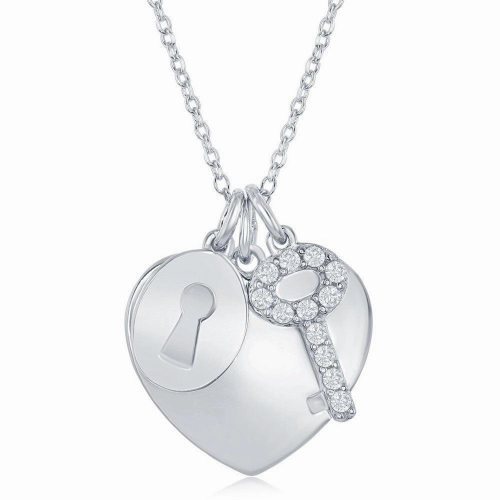 Sterling Silver Shiny Heart with CZ Lock and Key Necklace