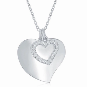 Sterling Silver Shiny Heart with Open CZ Heart Necklace