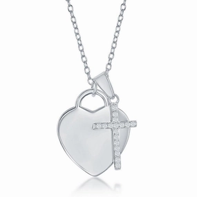 Sterling Silver Shiny Heart with Small CZ Cross Necklace