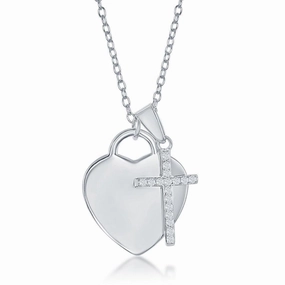 Sterling Silver Shiny Heart with Small CZ Cross Necklace