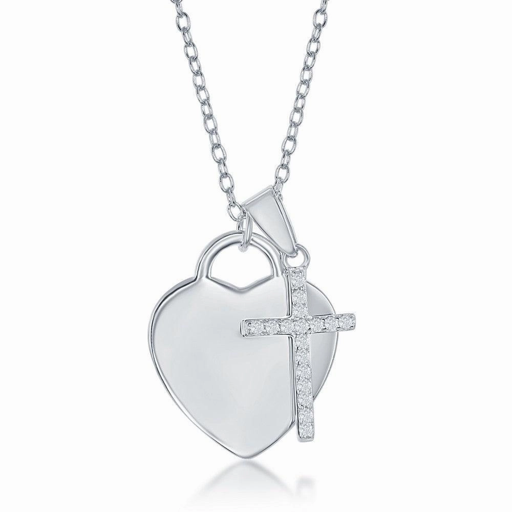 Sterling Silver Shiny Heart with Small CZ Cross Necklace