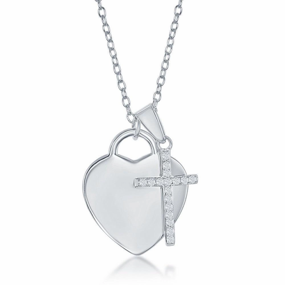 Sterling Silver Shiny Heart with Small CZ Cross Necklace